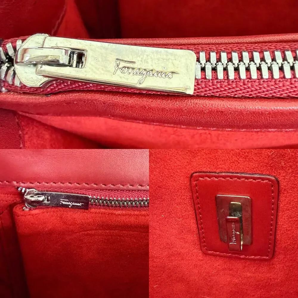 Ferragamo Gancini Woven Top Handle Satchel Bag Red Leather Made in Italy